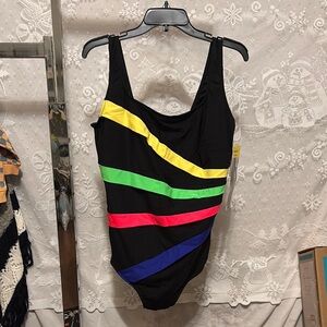 Longitude Women's Black Swimsuit with Vibrant Stripes